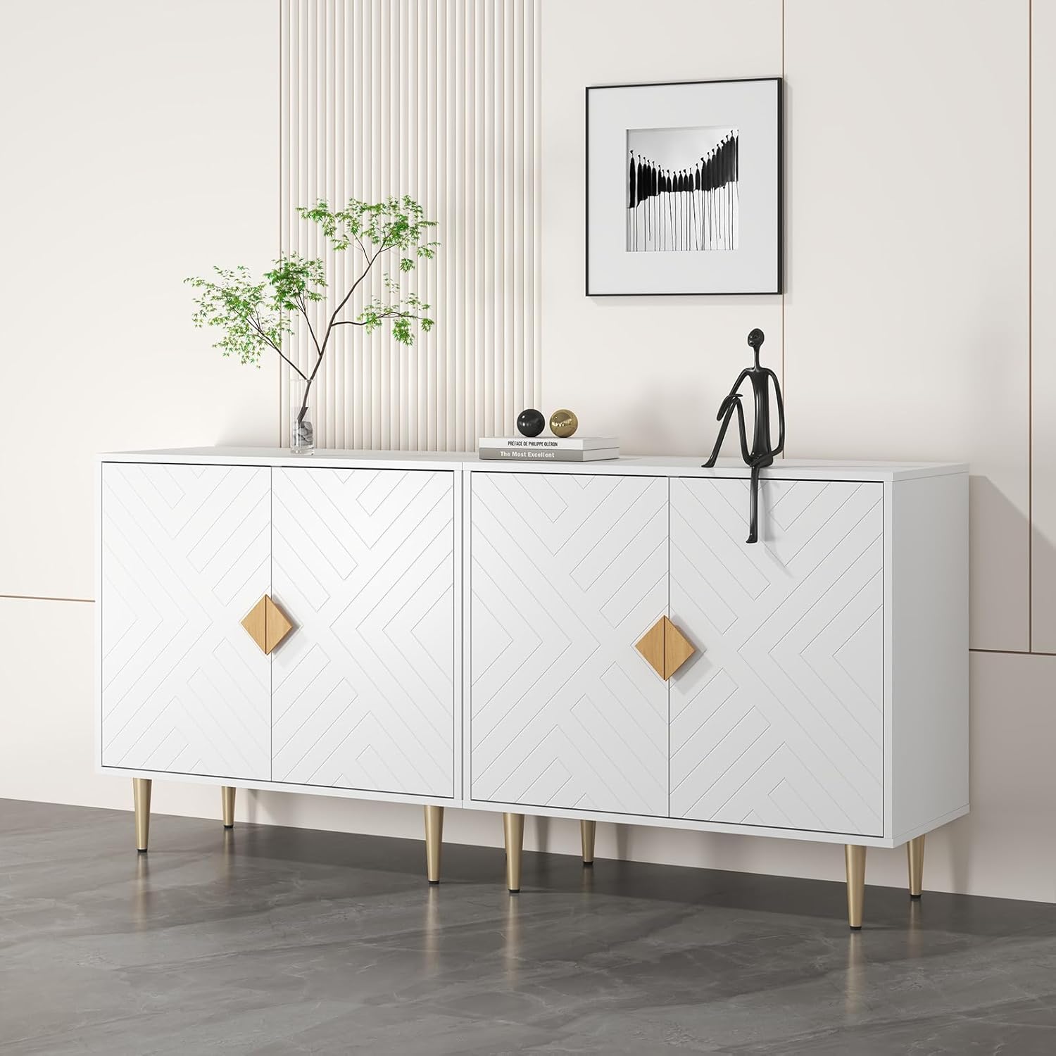 Buffet Cabinet with Storage, 63'' Modern Sideboard Cabinet Set of 2 with 4 Doors and Adjustable Shelves, Credenza Buffet Table for Living Room, Kitchen and Entryway, White