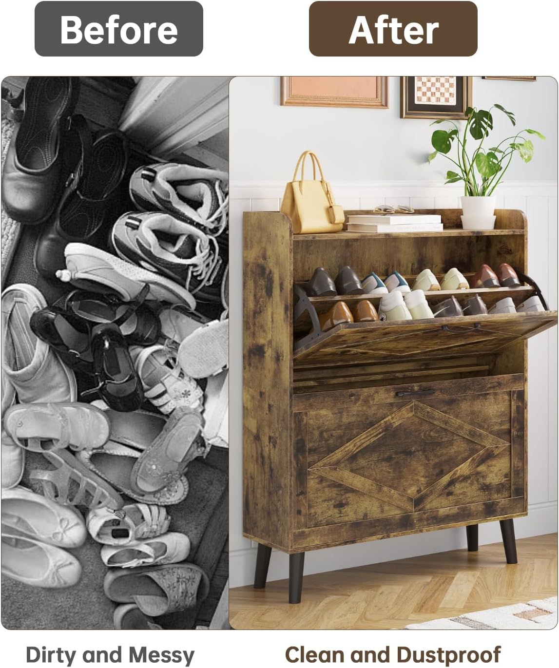 Shoe Storage Cabinet with 2 Flip Drawers, Farmhouse Narrow Shoe Cabinet for Entryway, Slim Shoe Organizer Cabinet with Wood Legs, Rustic Brown