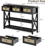 47.2" Modern Console Table with 3 Rattan Drawers, Entryway Table with 3-Tier Storage Shelves, Narrow Long Sofa Table for Entryway, Hallway, Foyer and Living Room, Black