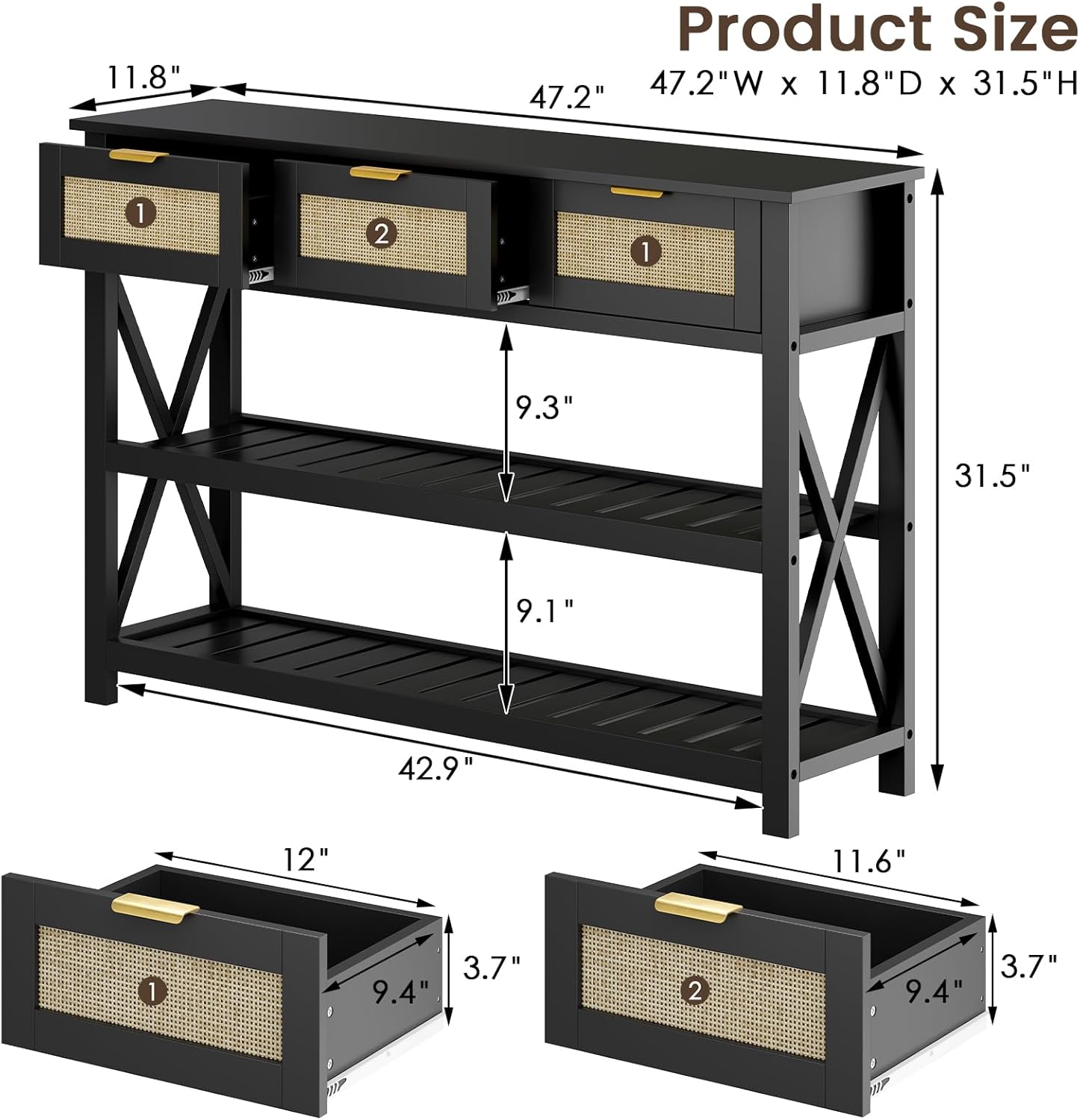 47.2" Modern Console Table with 3 Rattan Drawers, Entryway Table with 3-Tier Storage Shelves, Narrow Long Sofa Table for Entryway, Hallway, Foyer and Living Room, Black