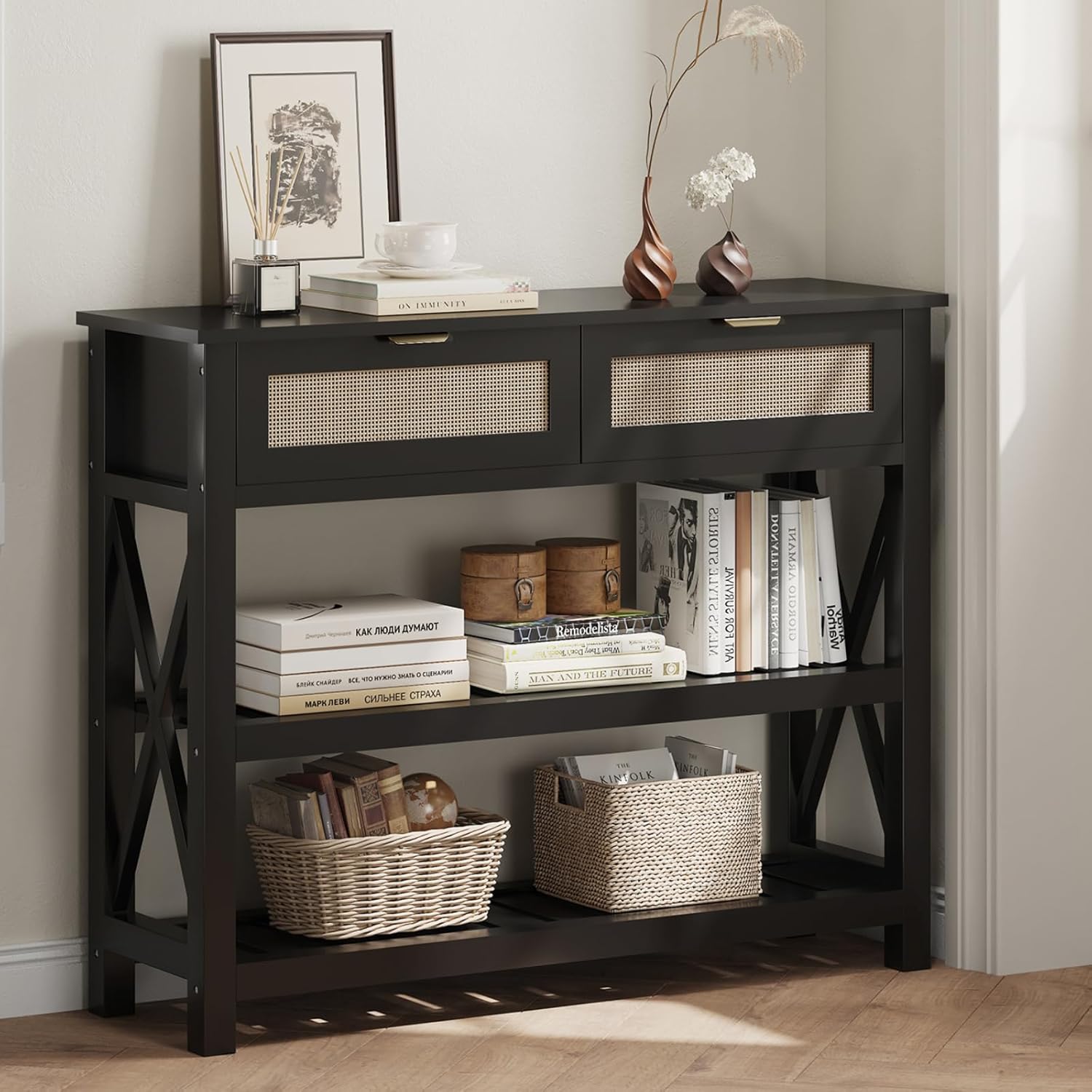 Console Table with 2 Rattan Drawers, Entryway Table with 3-Tier Storage Shelves, Narrow Long Sofa Table for Entryway, Hallway, Foyer and Living Room, Black