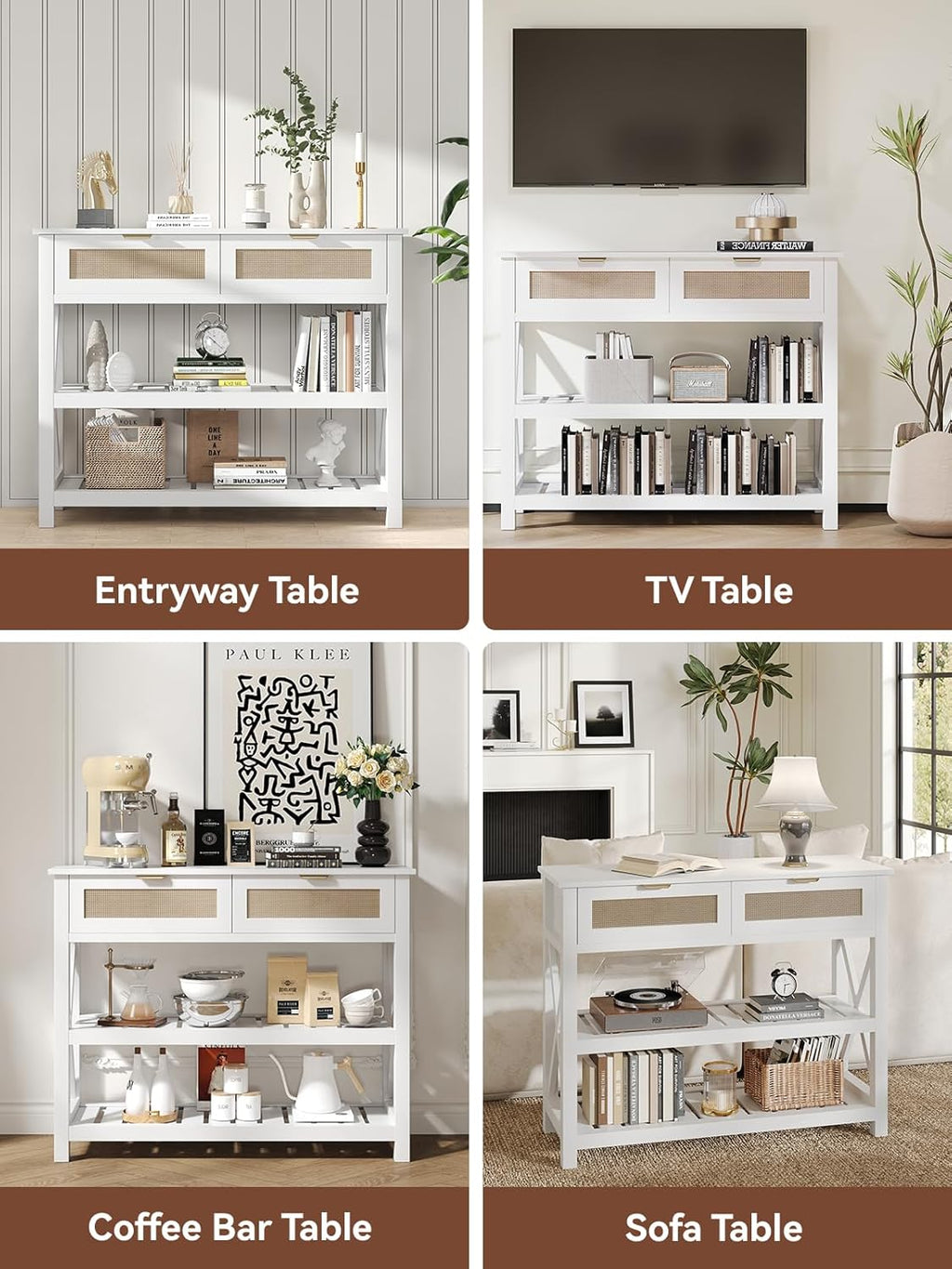 Console Table with 2 Rattan Drawers, Entryway Table with 3-Tier Storage Shelves, Narrow Long Sofa Table for Entryway, Hallway, Foyer and Living Room, White