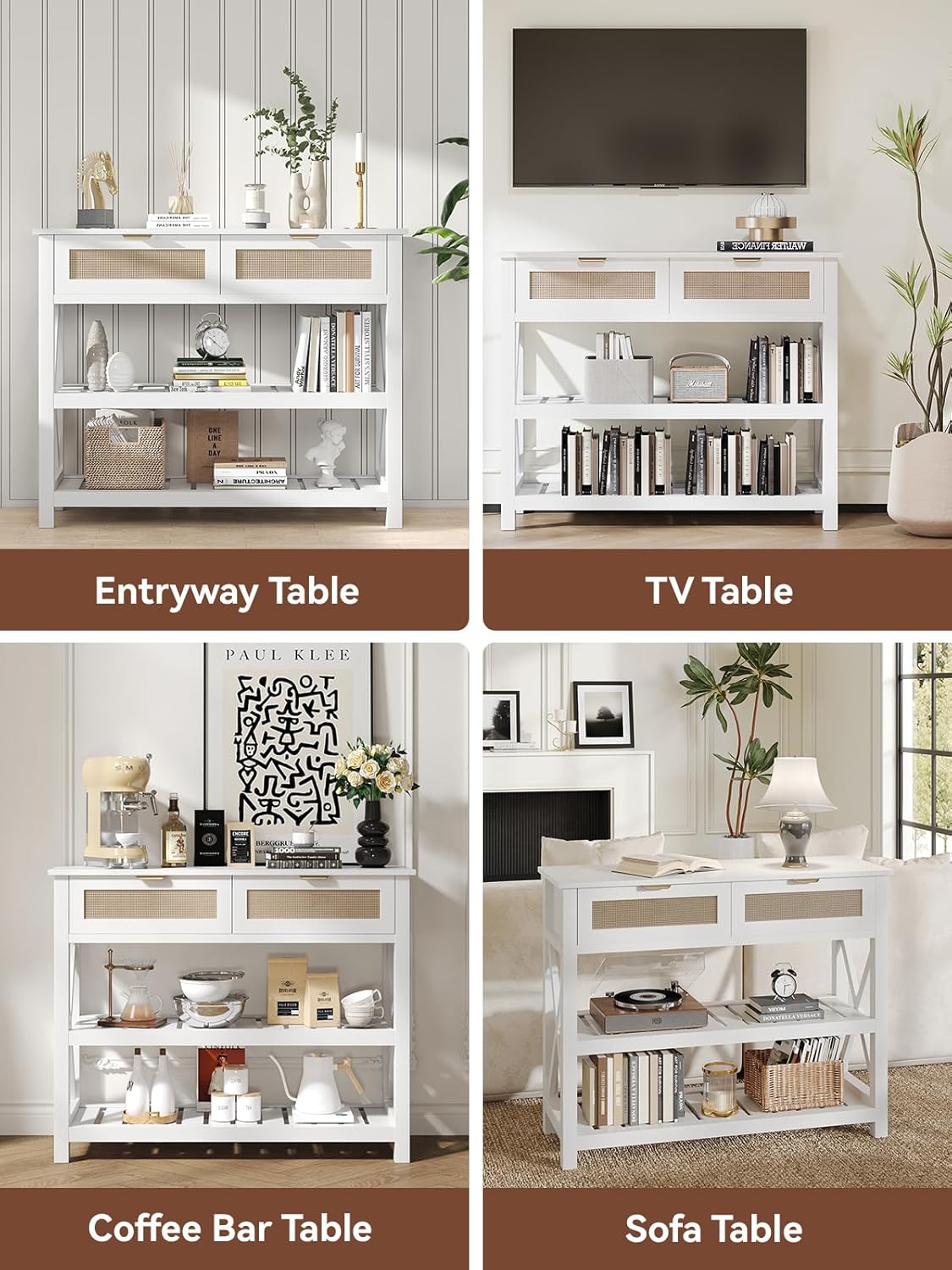 Console Table with 2 Rattan Drawers, Entryway Table with 3-Tier Storage Shelves, Narrow Long Sofa Table for Entryway, Hallway, Foyer and Living Room, White