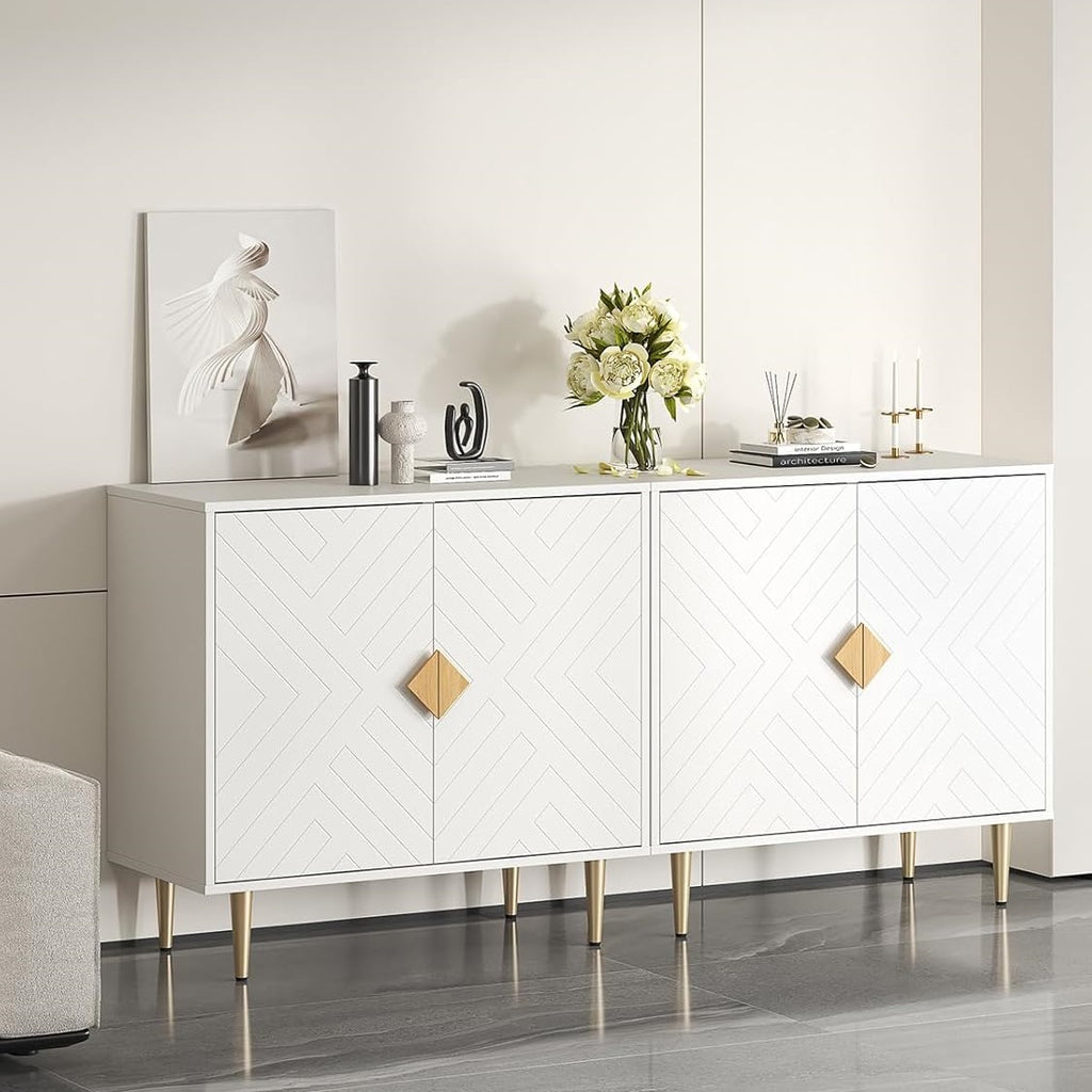 Buffet Cabinet with Storage, 63'' Modern Sideboard Cabinet Set of 2 with 4 Doors and Adjustable Shelves, Credenza Buffet Table for Living Room, Kitchen and Entryway, White