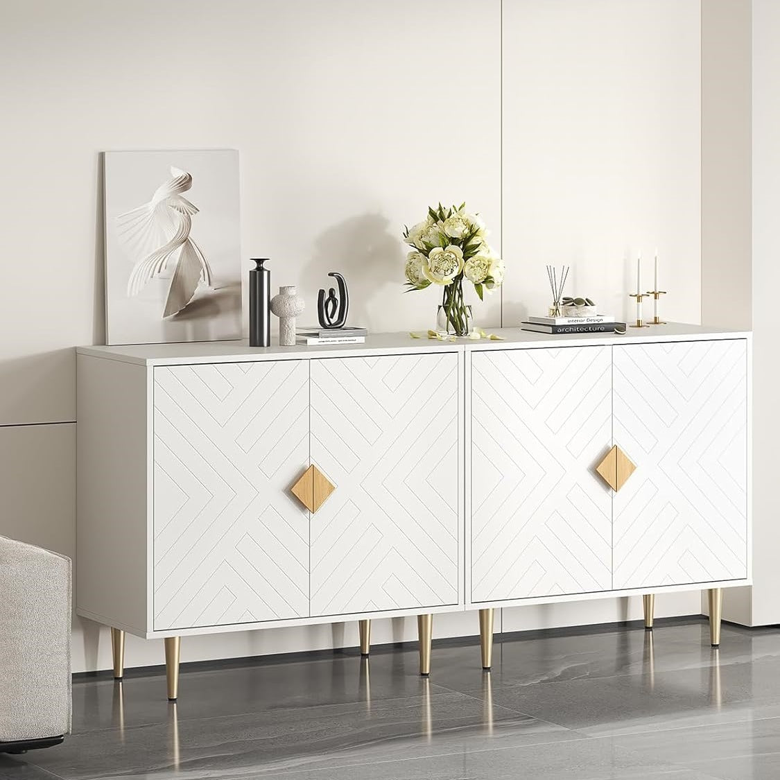 Buffet Cabinet with Storage, 63'' Modern Sideboard Cabinet Set of 2 with 4 Doors and Adjustable Shelves, Credenza Buffet Table for Living Room, Kitchen and Entryway, White