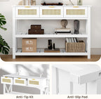 47.2" Modern Console Table with 3 Rattan Drawers, Entryway Table with 3-Tier Storage Shelves, Narrow Long Sofa Table for Entryway, Hallway, Foyer and Living Room, White