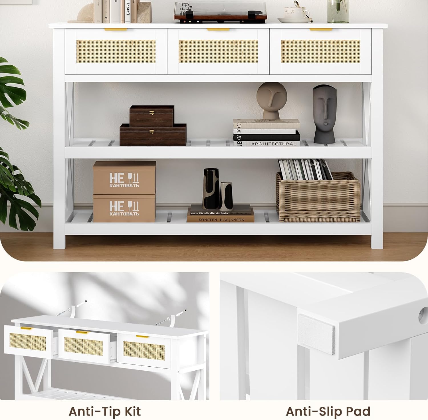 47.2" Modern Console Table with 3 Rattan Drawers, Entryway Table with 3-Tier Storage Shelves, Narrow Long Sofa Table for Entryway, Hallway, Foyer and Living Room, White