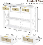 47.2" Modern Console Table with 3 Rattan Drawers, Entryway Table with 3-Tier Storage Shelves, Narrow Long Sofa Table for Entryway, Hallway, Foyer and Living Room, White