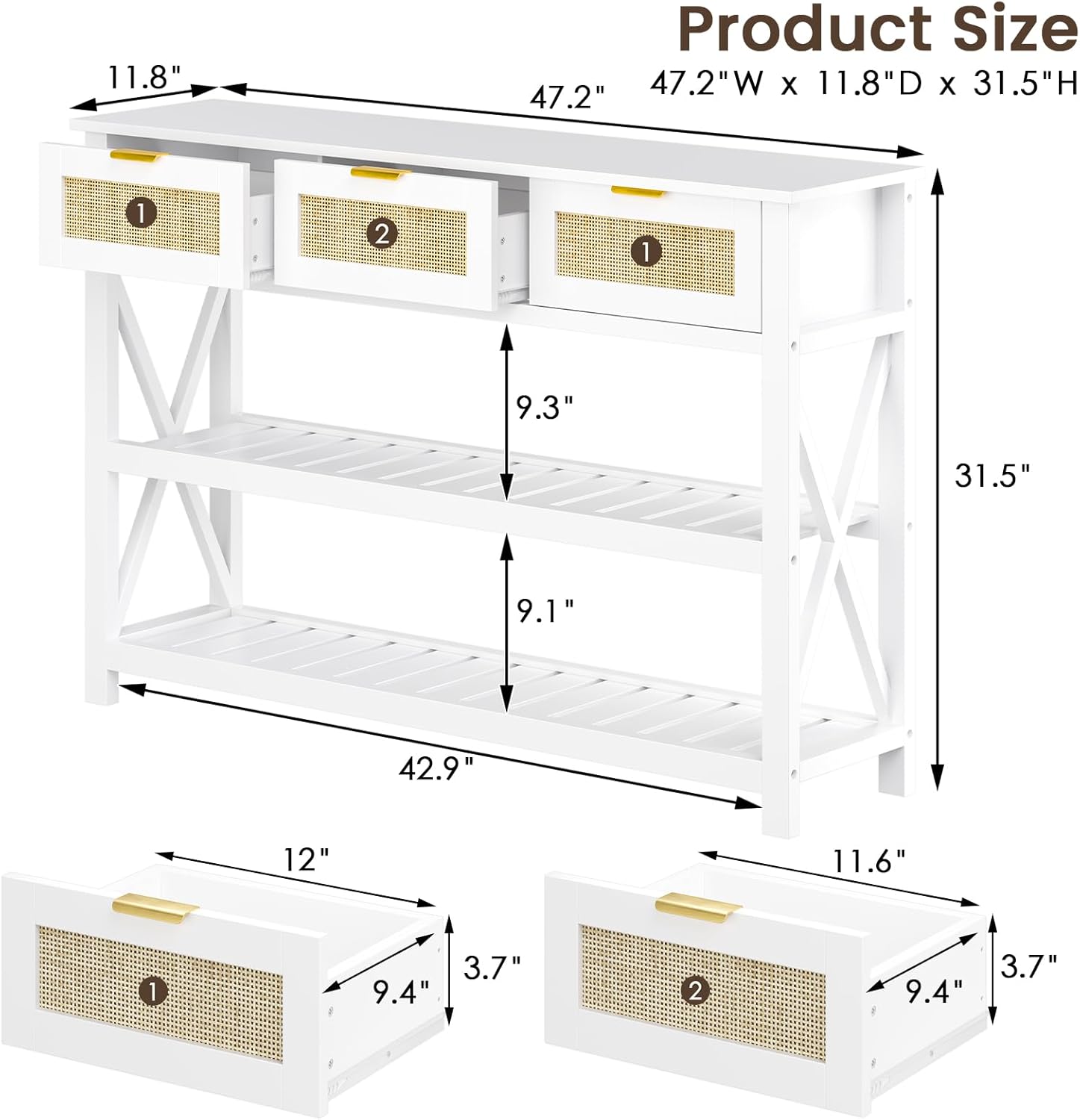 47.2" Modern Console Table with 3 Rattan Drawers, Entryway Table with 3-Tier Storage Shelves, Narrow Long Sofa Table for Entryway, Hallway, Foyer and Living Room, White