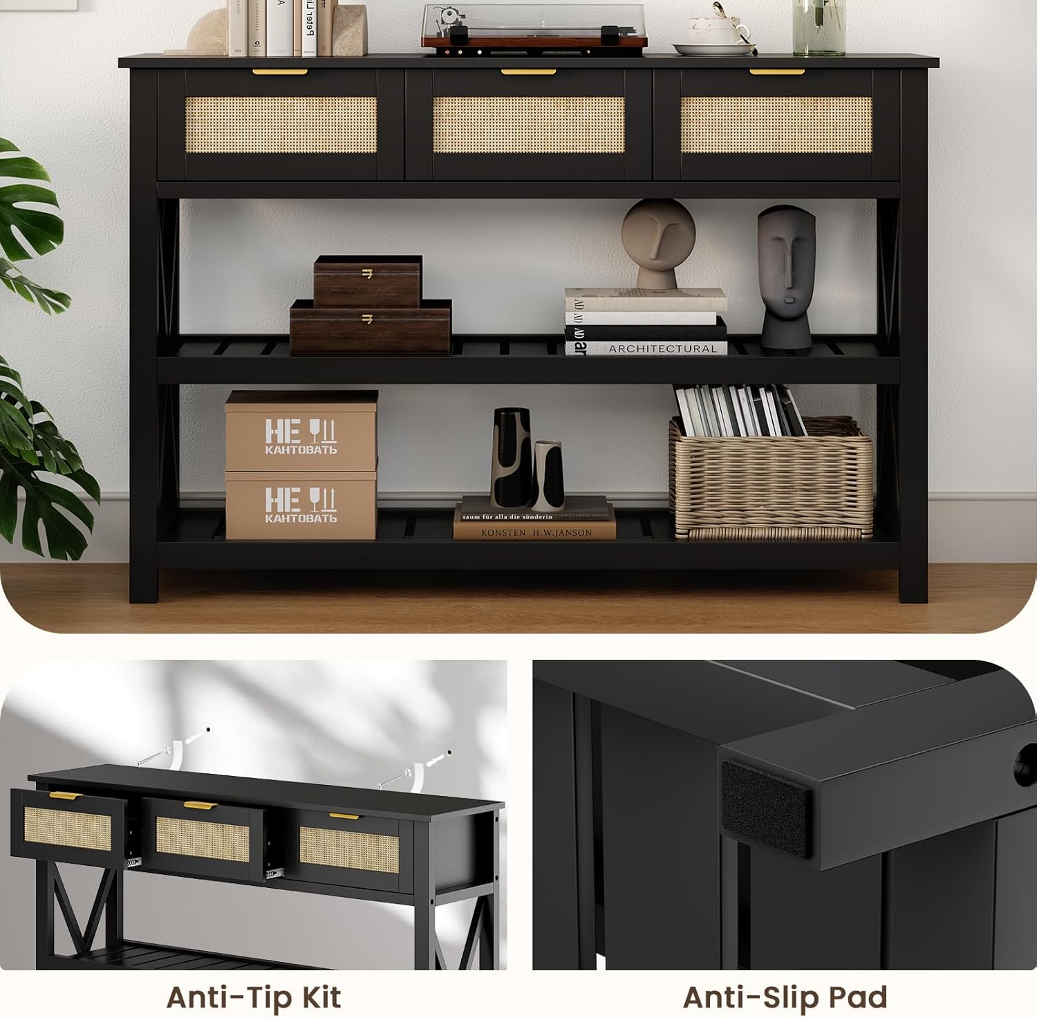 47.2" Modern Console Table with 3 Rattan Drawers, Entryway Table with 3-Tier Storage Shelves, Narrow Long Sofa Table for Entryway, Hallway, Foyer and Living Room, Black