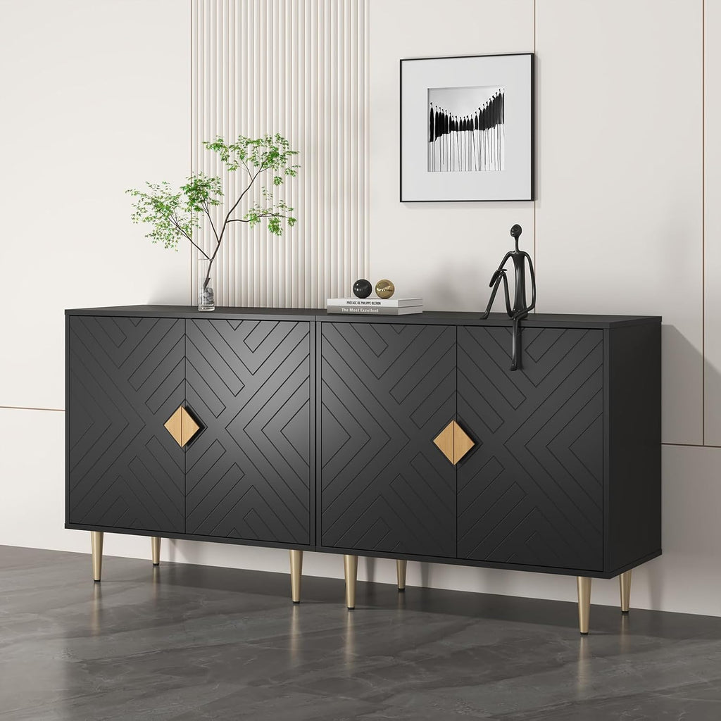 Sideboard Cabinet, 63'' Modern Buffet Cabinet with Storage Set of 2, Credenza with 4 Doors and Adjustable Shelves, Sideboard for Living Room, Kitchen and Entryway, Black