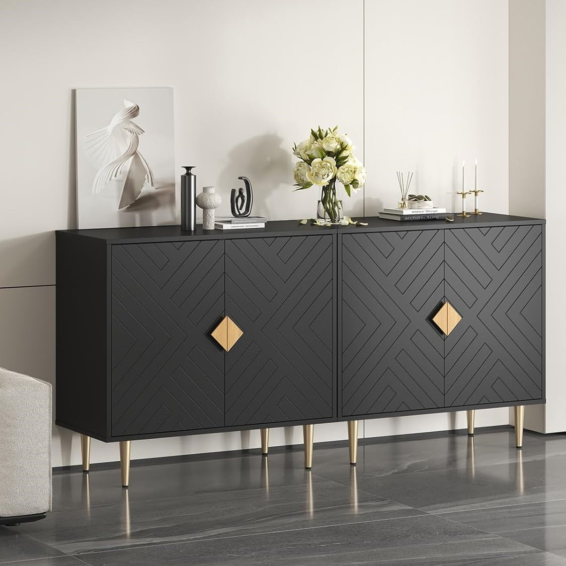 Sideboard Cabinet, 63'' Modern Buffet Cabinet with Storage Set of 2, Credenza with 4 Doors and Adjustable Shelves, Sideboard for Living Room, Kitchen and Entryway, Black