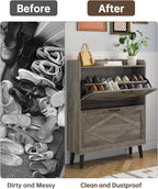 Shoe Storage Cabinet with 2 Flip Drawers, Farmhouse Narrow Shoe Cabinet for Entryway, Slim Shoe Organizer Cabinet with Wood Legs, Washed Gray