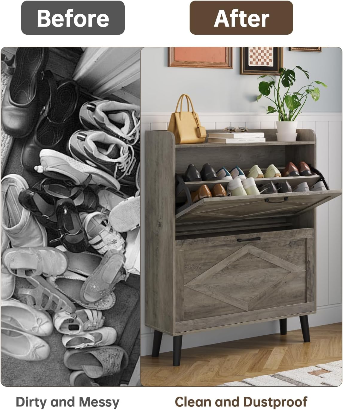 Shoe Storage Cabinet with 2 Flip Drawers, Farmhouse Narrow Shoe Cabinet for Entryway, Slim Shoe Organizer Cabinet with Wood Legs, Washed Gray