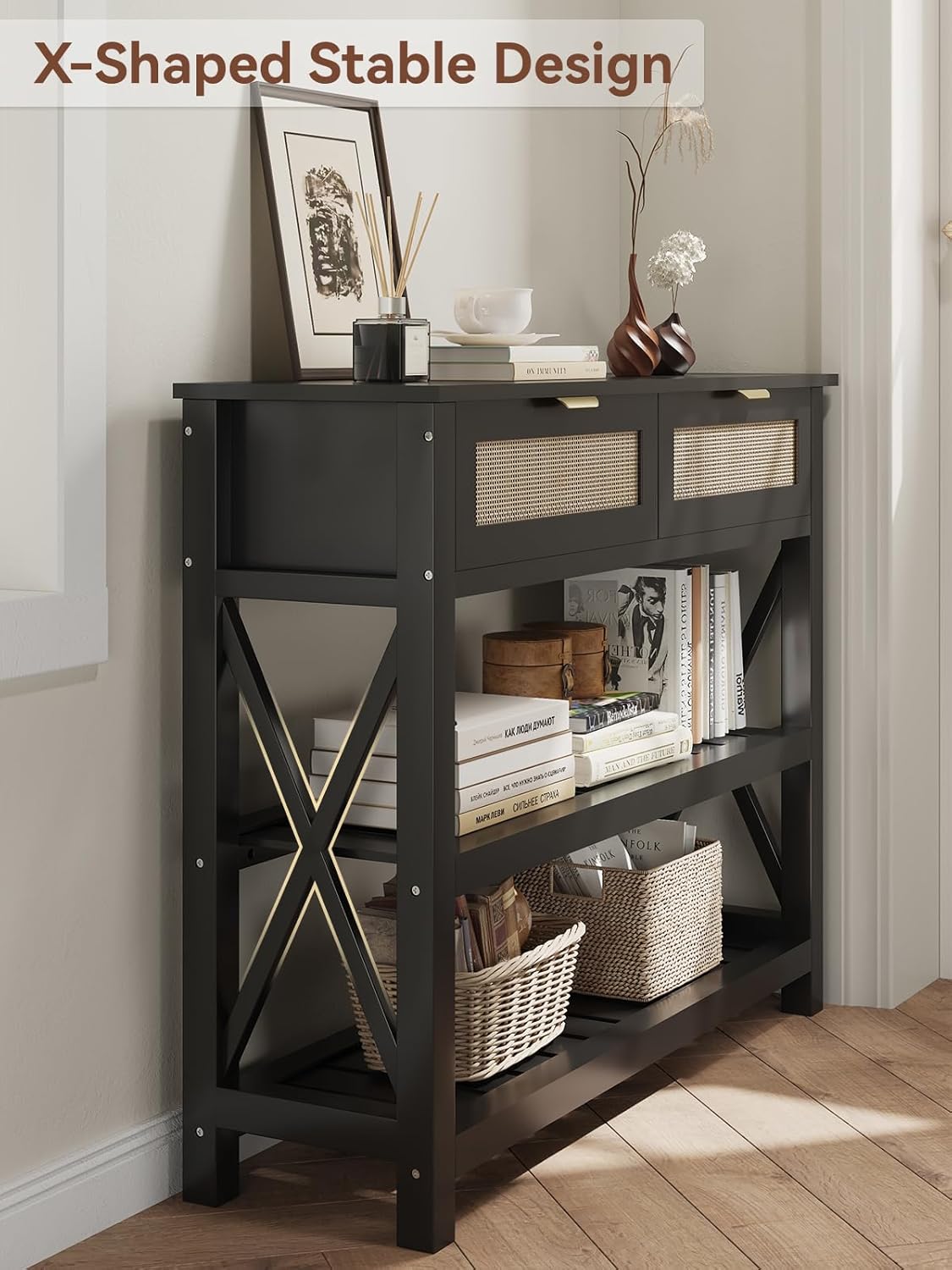 Console Table with 2 Rattan Drawers, Entryway Table with 3-Tier Storage Shelves, Narrow Long Sofa Table for Entryway, Hallway, Foyer and Living Room, Black