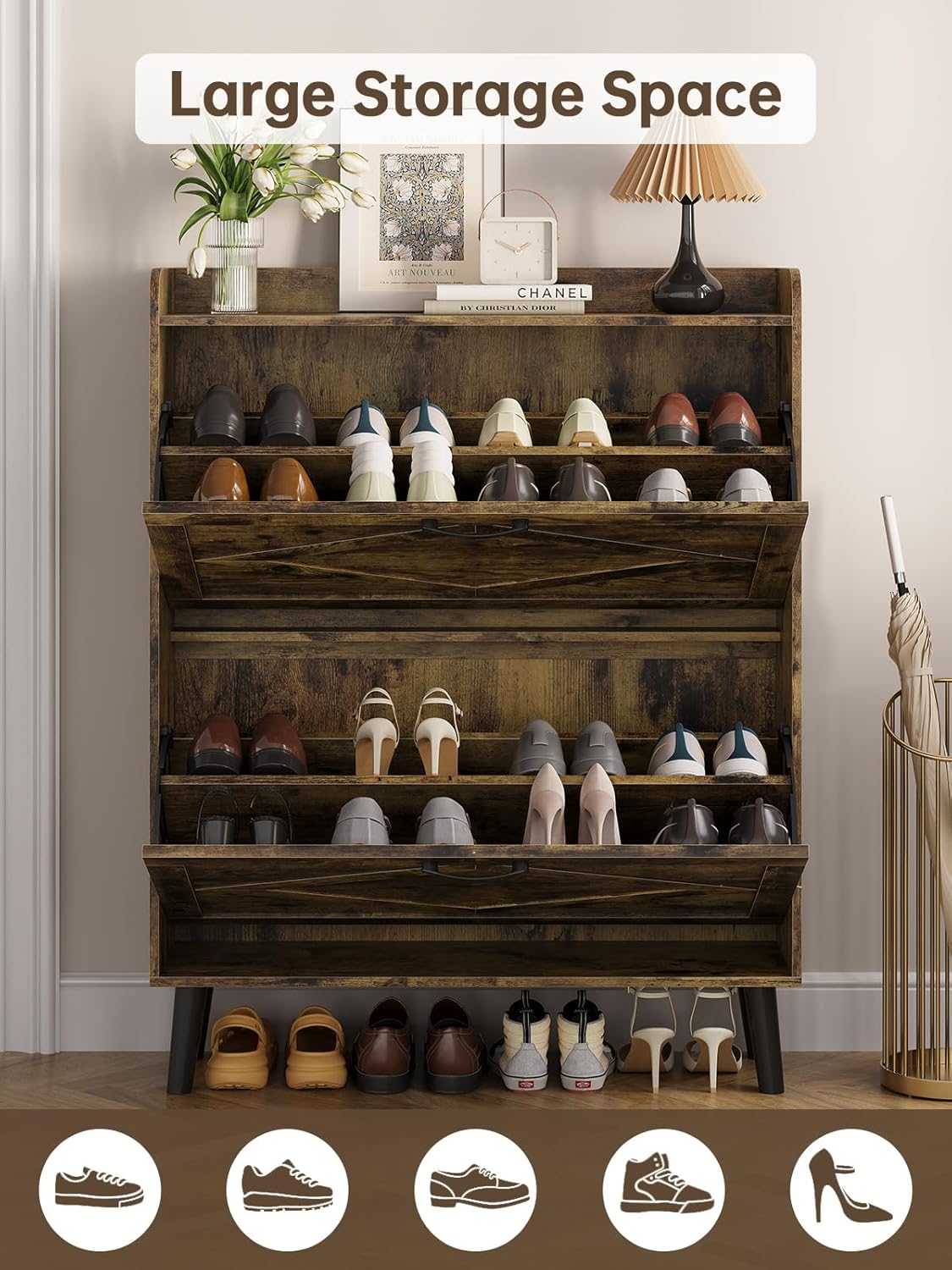 Shoe Storage Cabinet with 2 Flip Drawers, Farmhouse Narrow Shoe Cabinet for Entryway, Slim Shoe Organizer Cabinet with Wood Legs, Rustic Brown