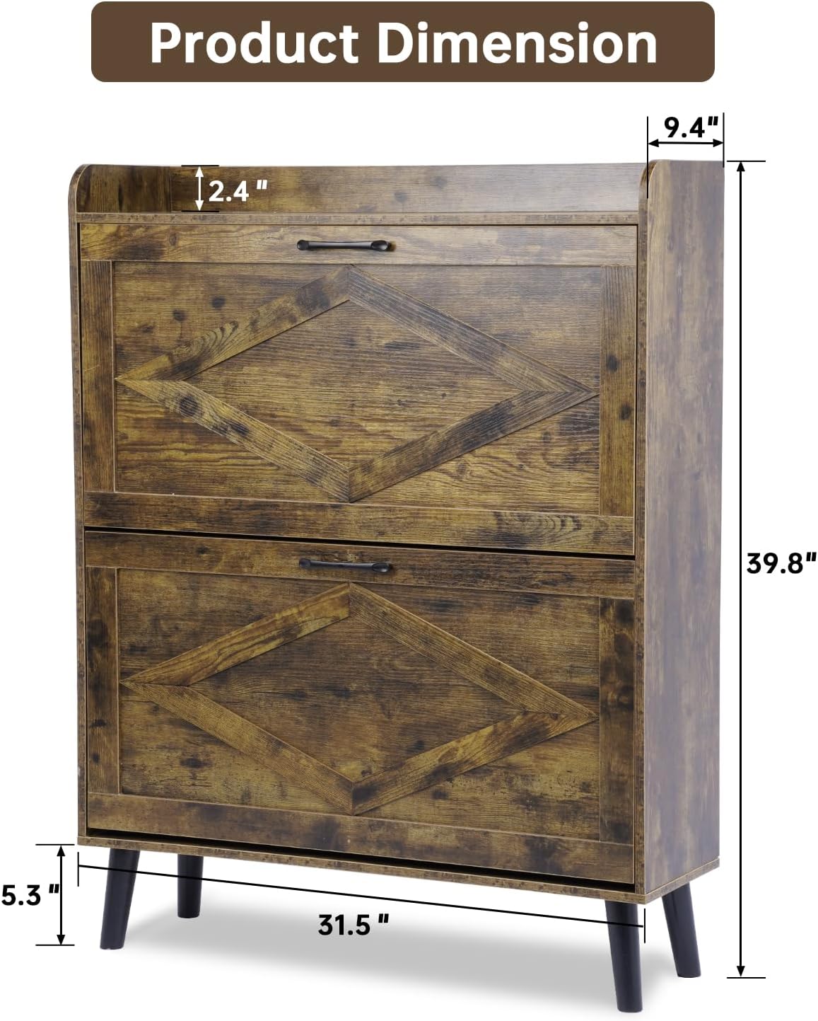 Shoe Storage Cabinet with 2 Flip Drawers, Farmhouse Narrow Shoe Cabinet for Entryway, Slim Shoe Organizer Cabinet with Wood Legs, Rustic Brown
