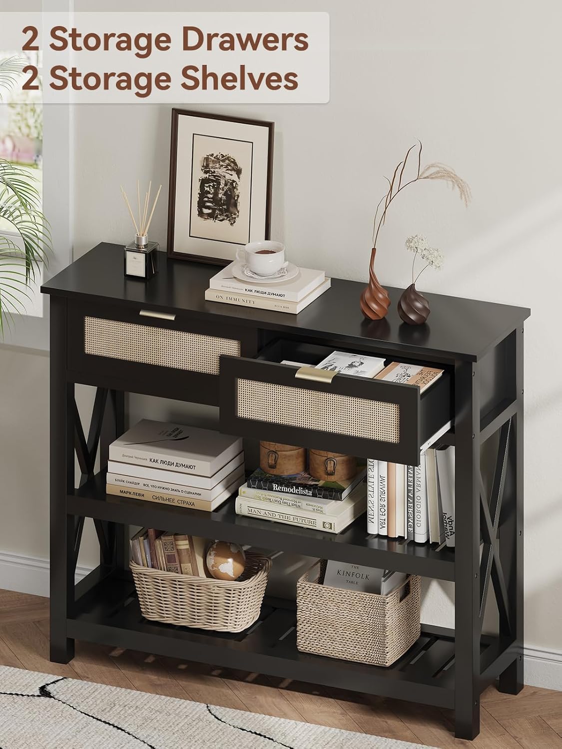 Console Table with 2 Rattan Drawers, Entryway Table with 3-Tier Storage Shelves, Narrow Long Sofa Table for Entryway, Hallway, Foyer and Living Room, Black