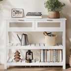 Console Table with 2 Rattan Drawers, Entryway Table with 3-Tier Storage Shelves, Narrow Long Sofa Table for Entryway, Hallway, Foyer and Living Room, White