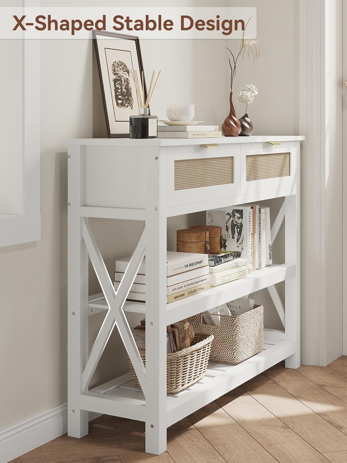Console Table with 2 Rattan Drawers, Entryway Table with 3-Tier Storage Shelves, Narrow Long Sofa Table for Entryway, Hallway, Foyer and Living Room, White