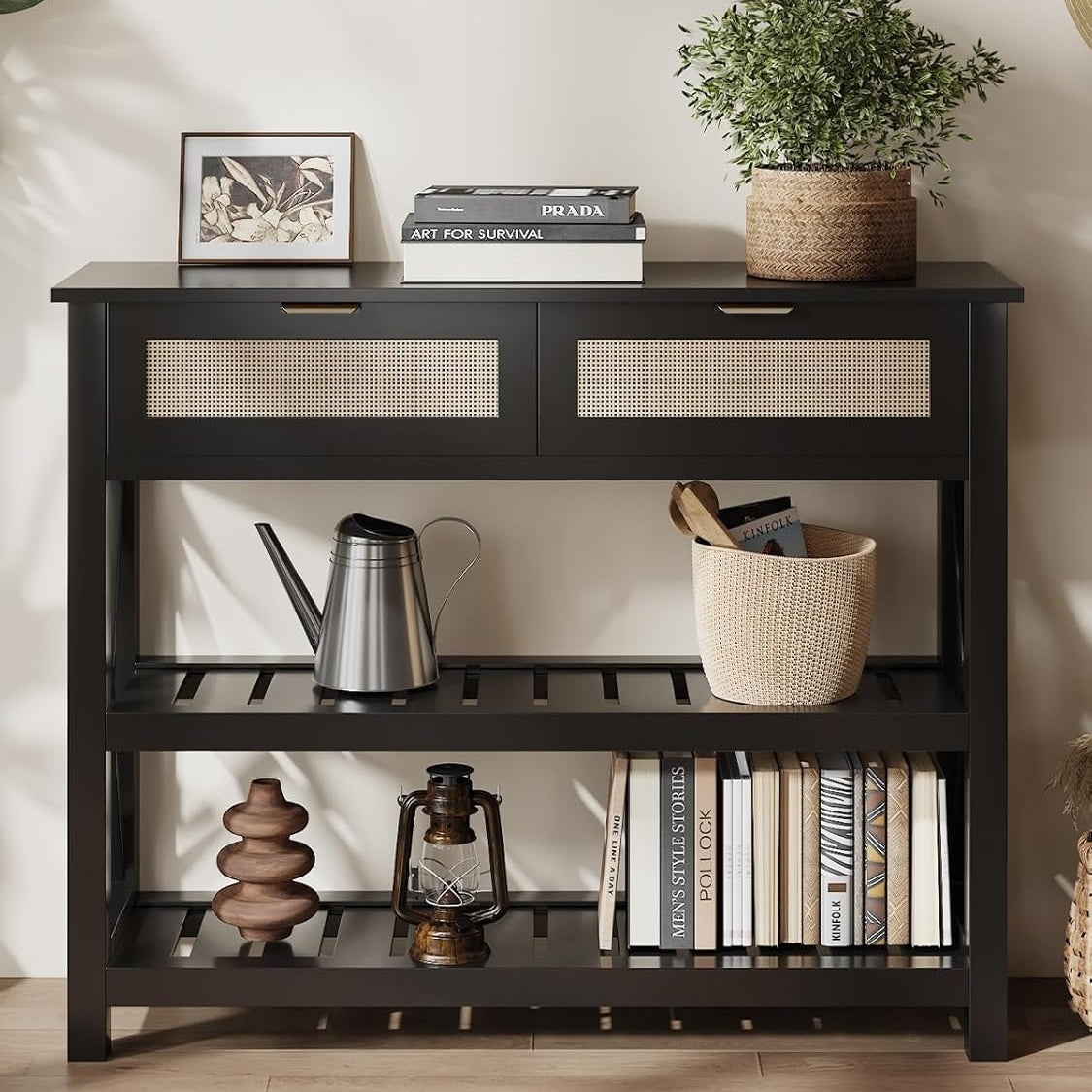 Console Table with 2 Rattan Drawers, Entryway Table with 3-Tier Storage Shelves, Narrow Long Sofa Table for Entryway, Hallway, Foyer and Living Room, Black