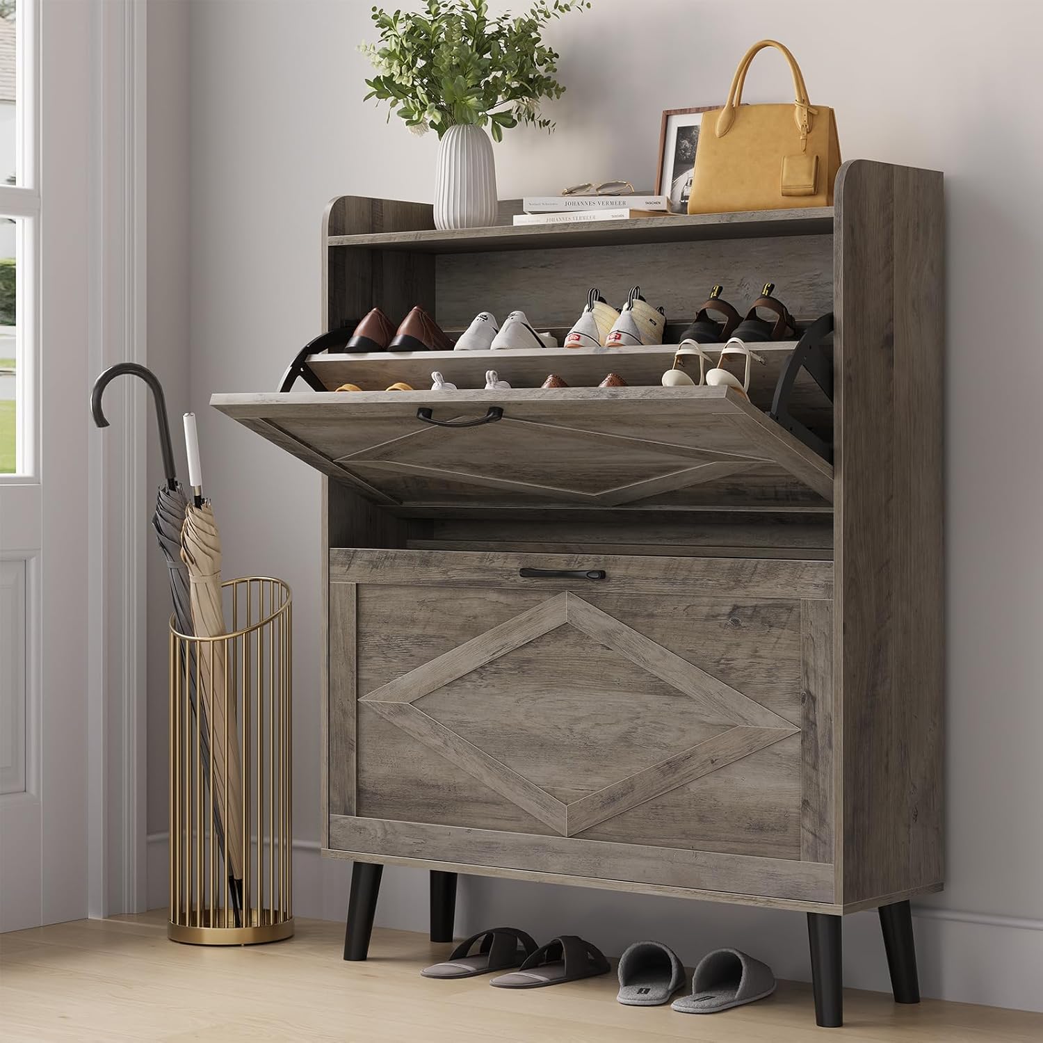 Shoe Storage Cabinet with 2 Flip Drawers, Farmhouse Narrow Shoe Cabinet for Entryway, Slim Shoe Organizer Cabinet with Wood Legs, Washed Gray