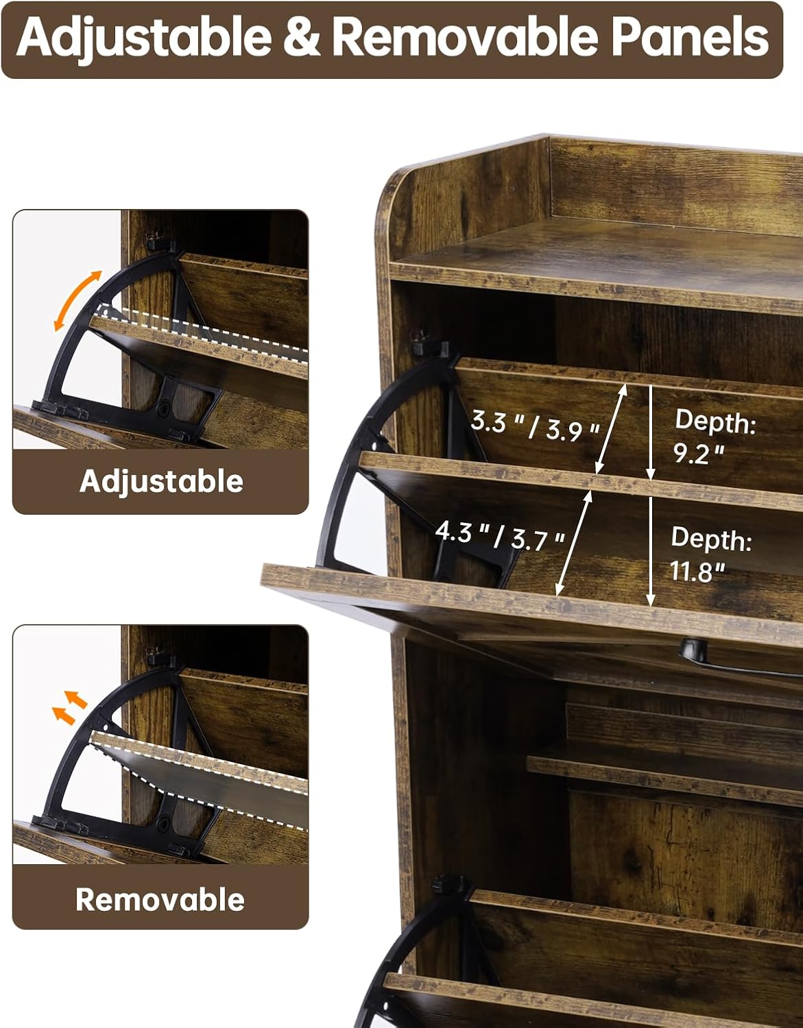 Shoe Storage Cabinet with 2 Flip Drawers, Farmhouse Narrow Shoe Cabinet for Entryway, Slim Shoe Organizer Cabinet with Wood Legs, Rustic Brown