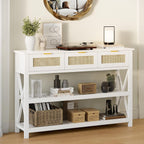 47.2" Modern Console Table with 3 Rattan Drawers, Entryway Table with 3-Tier Storage Shelves, Narrow Long Sofa Table for Entryway, Hallway, Foyer and Living Room, White