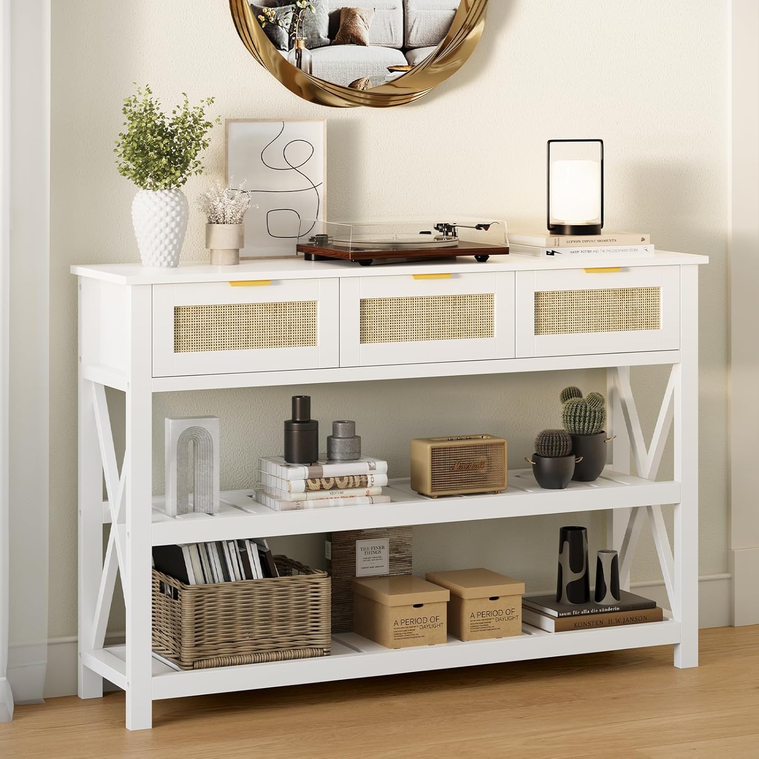 47.2" Modern Console Table with 3 Rattan Drawers, Entryway Table with 3-Tier Storage Shelves, Narrow Long Sofa Table for Entryway, Hallway, Foyer and Living Room, White
