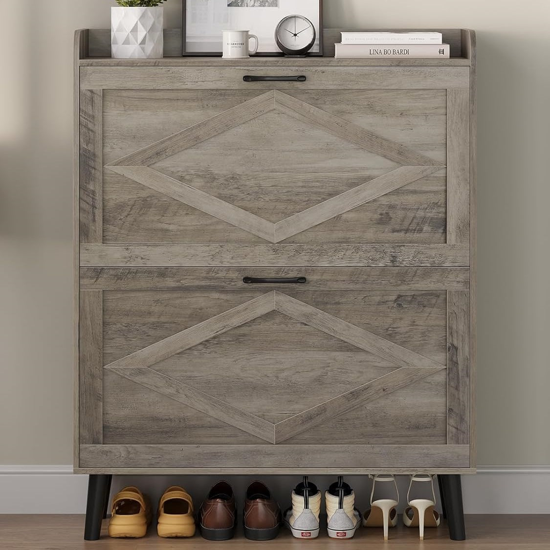 Shoe Storage Cabinet with 2 Flip Drawers, Farmhouse Narrow Shoe Cabinet for Entryway, Slim Shoe Organizer Cabinet with Wood Legs, Washed Gray