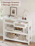 Console Table with 2 Rattan Drawers, Entryway Table with 3-Tier Storage Shelves, Narrow Long Sofa Table for Entryway, Hallway, Foyer and Living Room, White