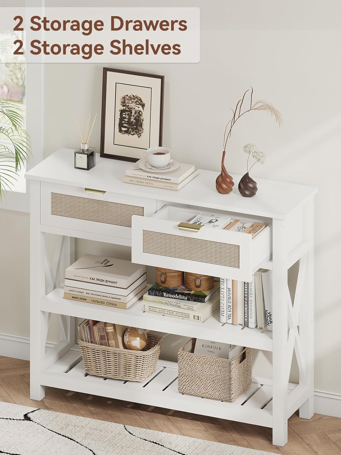 Console Table with 2 Rattan Drawers, Entryway Table with 3-Tier Storage Shelves, Narrow Long Sofa Table for Entryway, Hallway, Foyer and Living Room, White