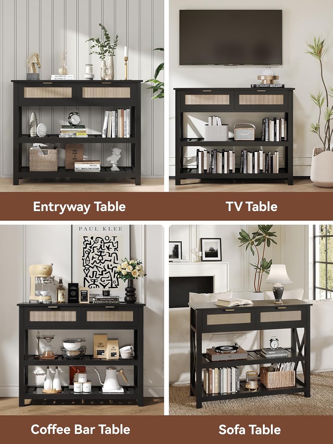 Console Table with 2 Rattan Drawers, Entryway Table with 3-Tier Storage Shelves, Narrow Long Sofa Table for Entryway, Hallway, Foyer and Living Room, Black