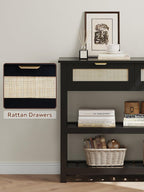 Console Table with 2 Rattan Drawers, Entryway Table with 3-Tier Storage Shelves, Narrow Long Sofa Table for Entryway, Hallway, Foyer and Living Room, Black