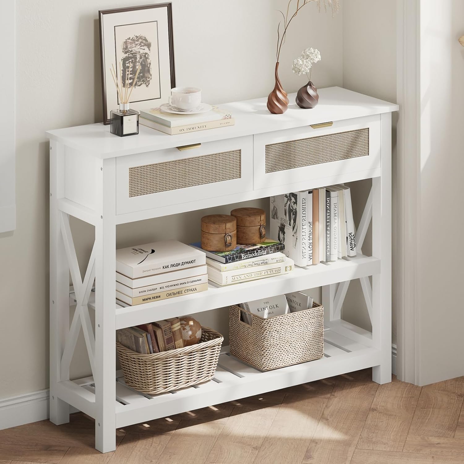 Console Table with 2 Rattan Drawers, Entryway Table with 3-Tier Storage Shelves, Narrow Long Sofa Table for Entryway, Hallway, Foyer and Living Room, White