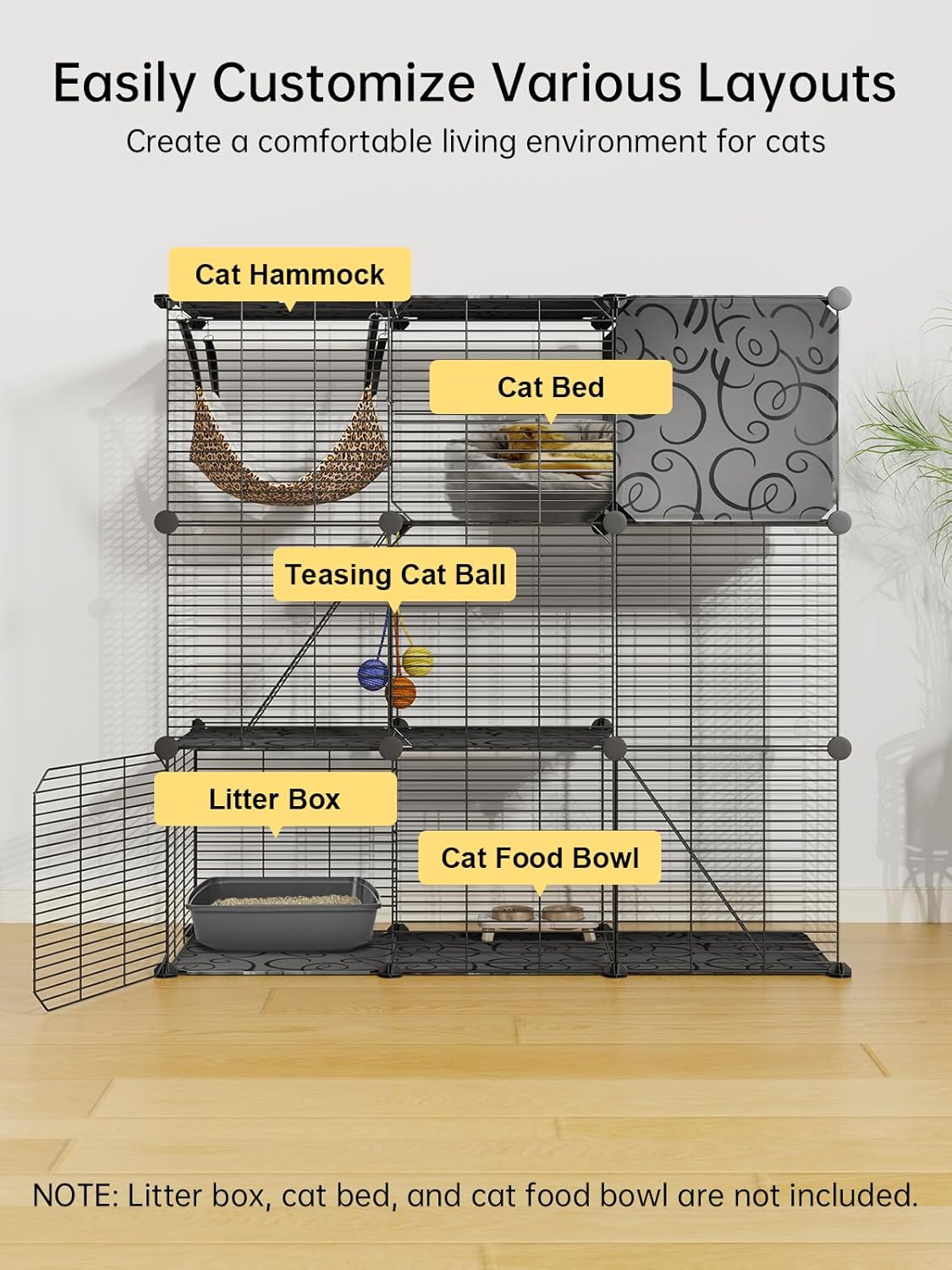 Cat Cages Indoor, 3 Tier Cat Enclosure, Cat Cage with Toy Ball and Cat Hammock for 2-3 Cats