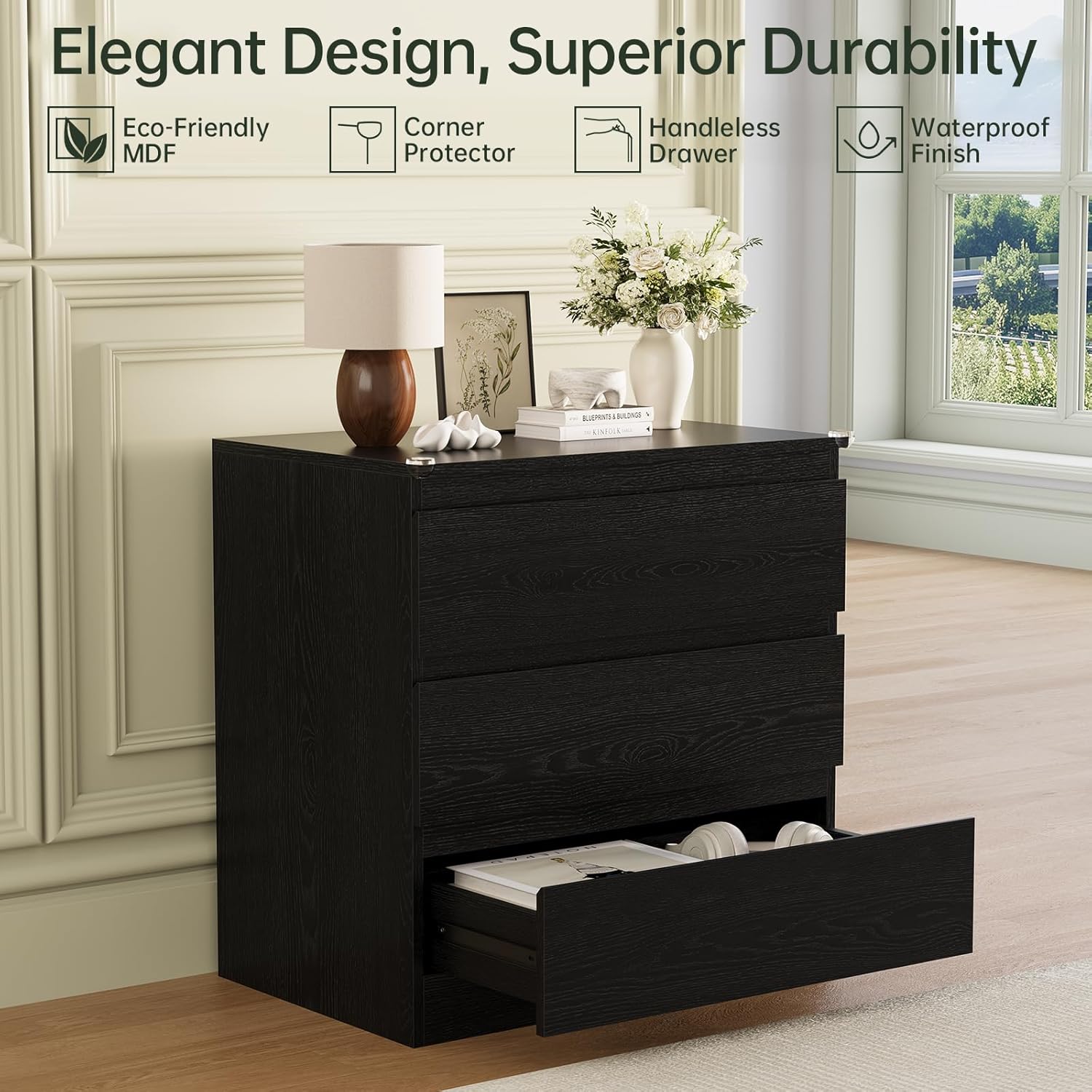Black Wood Dresser for Bedroom, 3-Drawer Dresser for Clothes Storage, Modern Dressers with Wide Drawers, Wide Wooden Chest Drawers for Living Room, Entryway, TV Stand