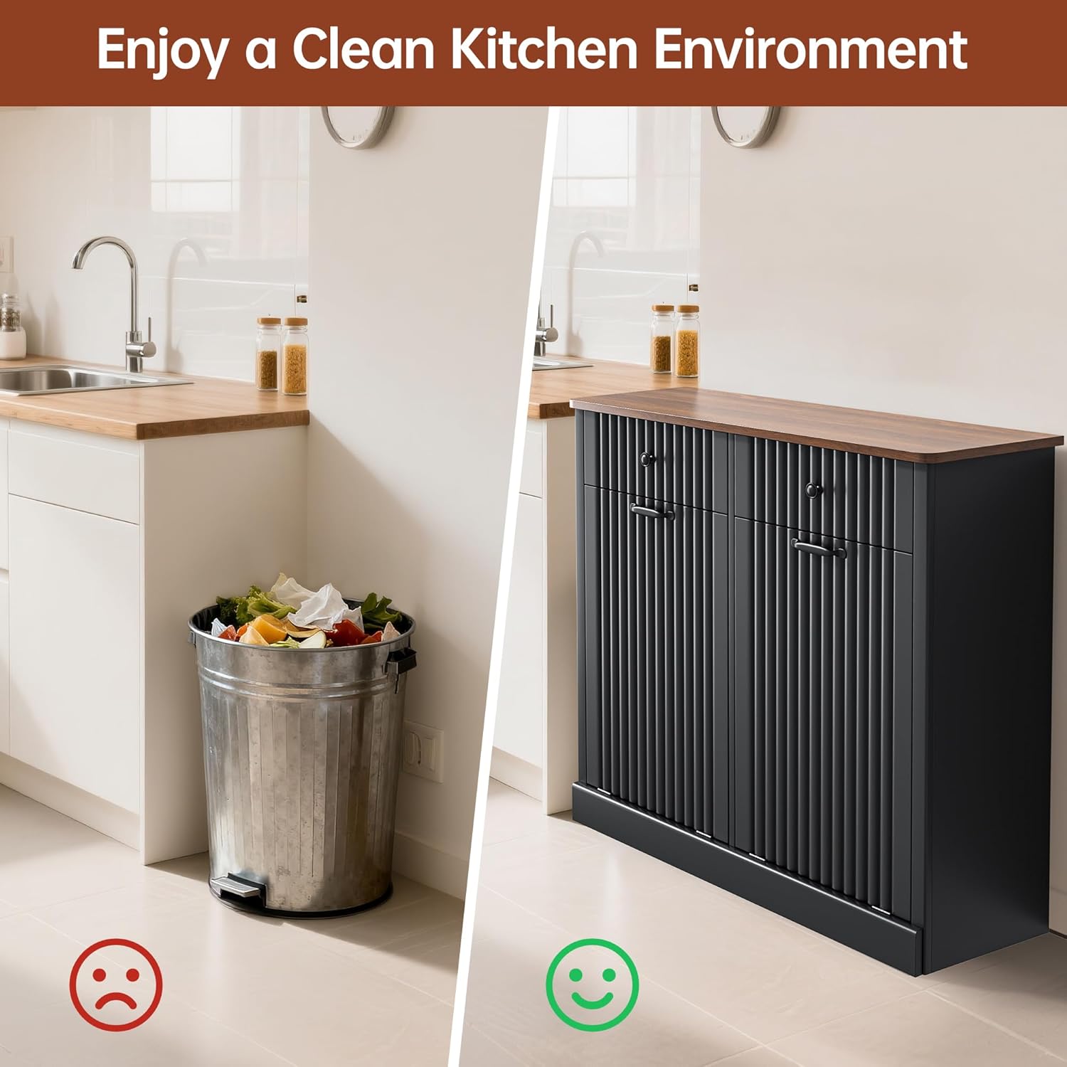 Double Tilt Out Trash Can Cabinet 20 Gallon Large Wooden, Free Standing Laundry Sorter with 2 Hideaway Drawer, 2 Doors Recycling Trash Can Storage for Kitchen Laundry (Black, 20 Gallon)