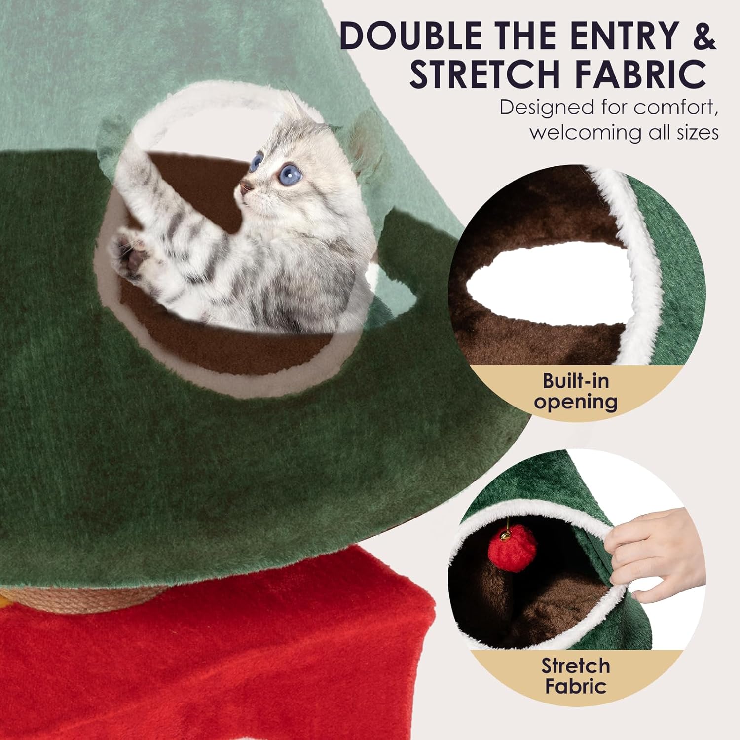 60" Christmas Cat Tree with 3 Cat Houses, Cat Furniture with Interactive Toy for Christmas Decoration (Large)