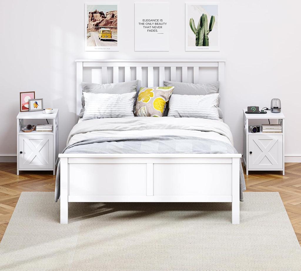 Farmhouse Nightstand with Charging Station and Barn Door, Bedside Table with Open Compartment and Storage, Side End Table for Bedroom, White