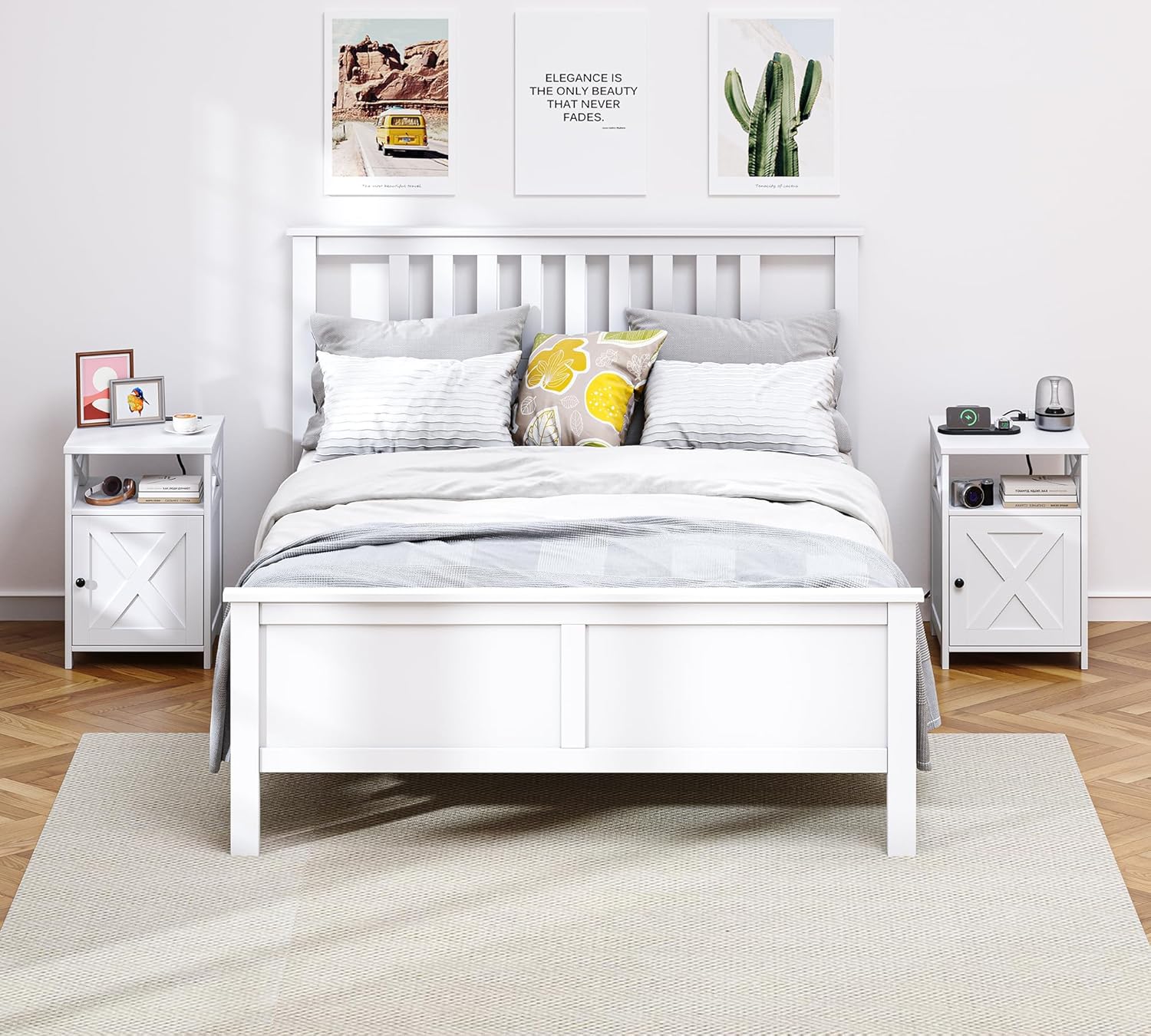 Farmhouse Nightstand with Charging Station and Barn Door, Bedside Table with Open Compartment and Storage, Side End Table for Bedroom, White