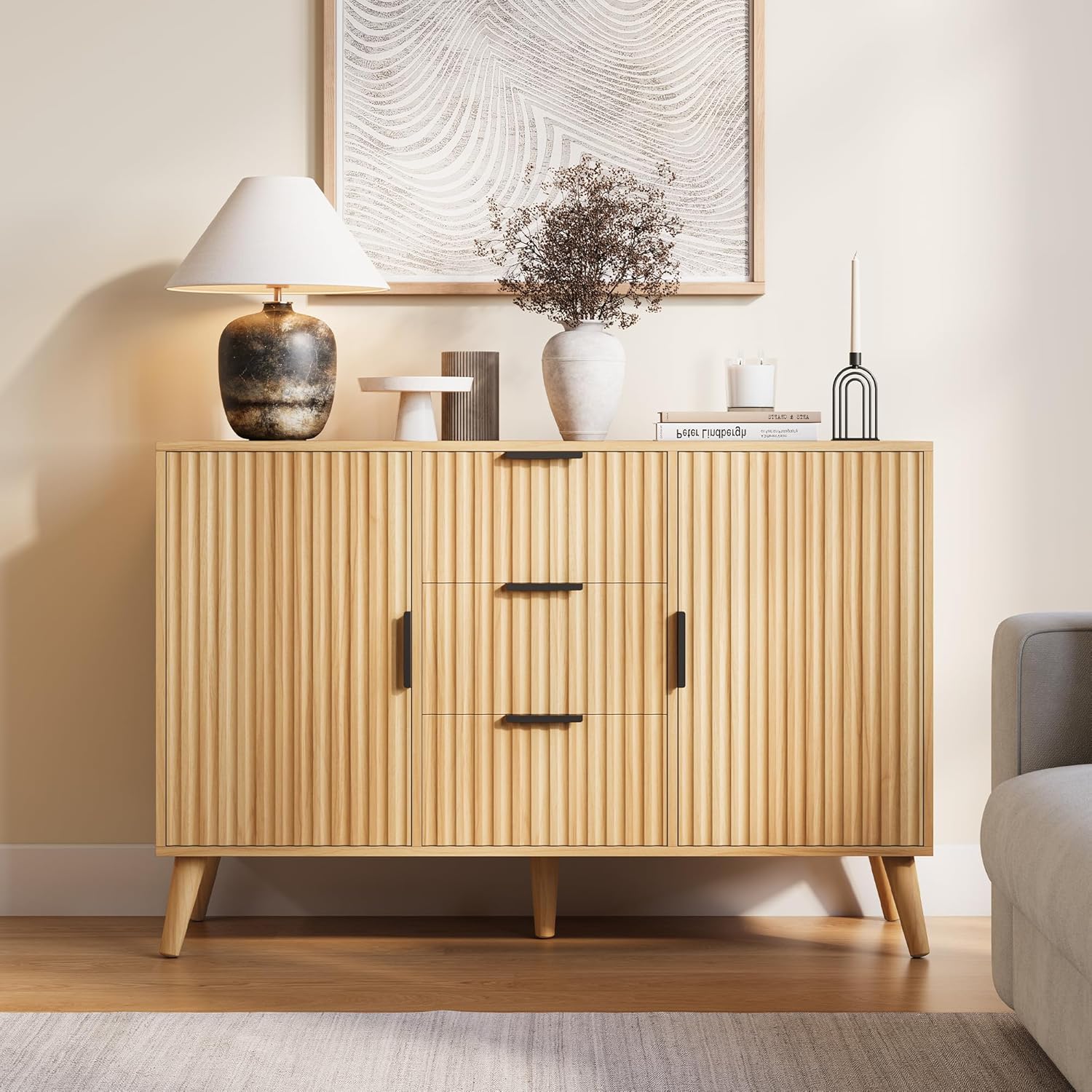47" Natural Sideboard Buffet Cabinet with 3 Drawers, Fluted Modern Buffet Cabinet with Storage, 2 Doors Sideboard Cabinets Accent Credenza for Dining Room|Living Room|Entryway