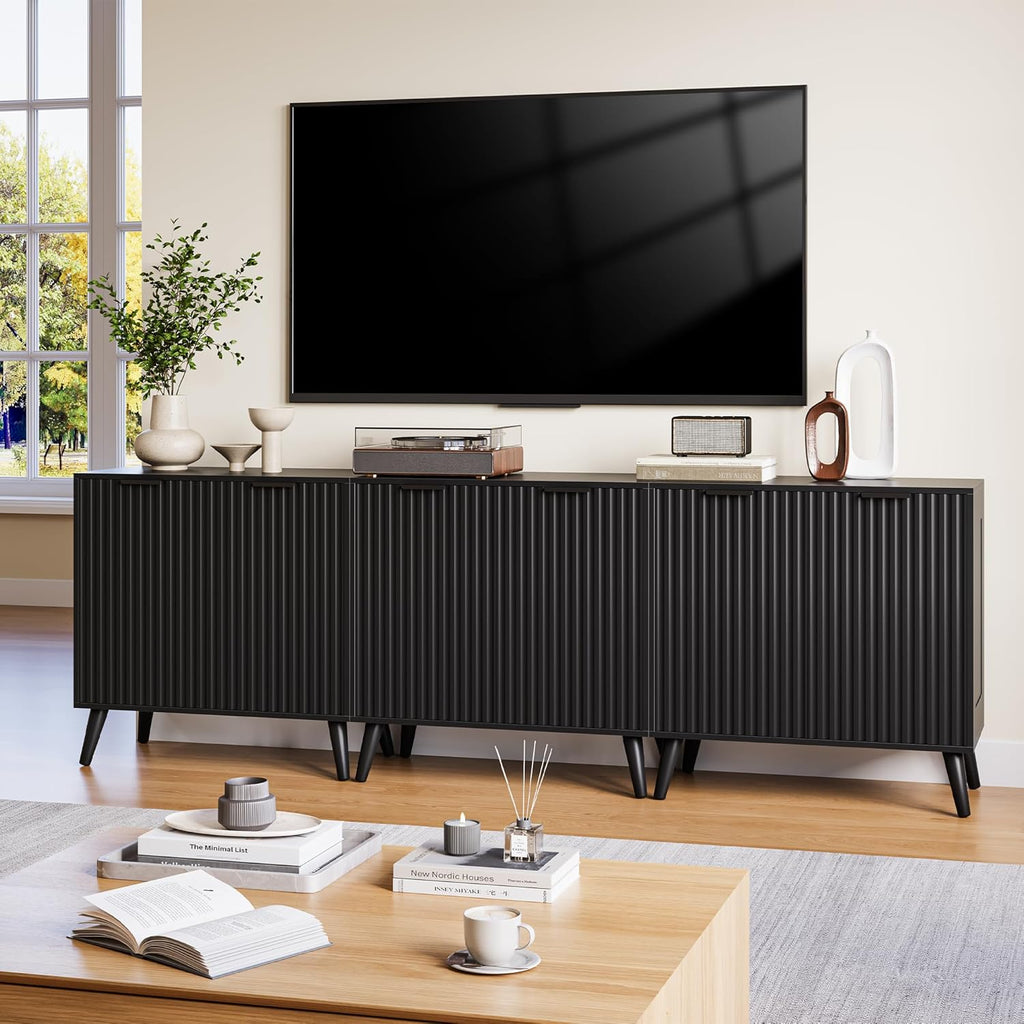 Fluted Sideboard Buffet Cabinet with Storage, Modern Sideboard Cabinet for Dining Room, Accent Credenza with Adjustable Shelves 2 Doors Storage Cabinets for Living Room|Kitchen, Black