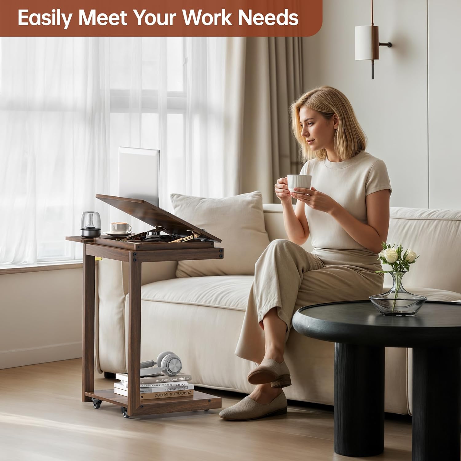 C Shaped End Table, Rolling Side Table with 4-Way Convertible Desktop, Wooden C Table with Multi-Functional Folding Tray & Small Chair, Side Table for Couch, Living Room, Bedroom, Walnut