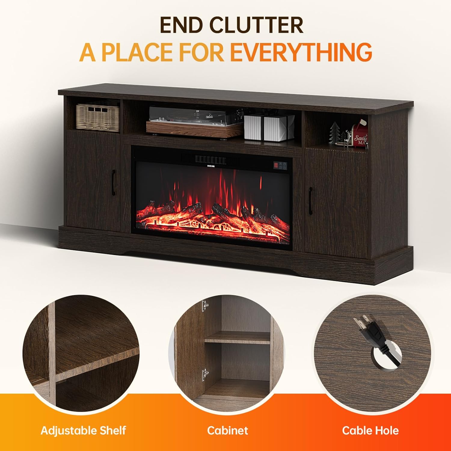 70 inch Fireplace TV Stand for Living Room, Electric Fireplace TV Stand with 12 Colors of 3D Flame & Heating, Entertainment Center with Storage Cabinet (Brown, Wavecrest)