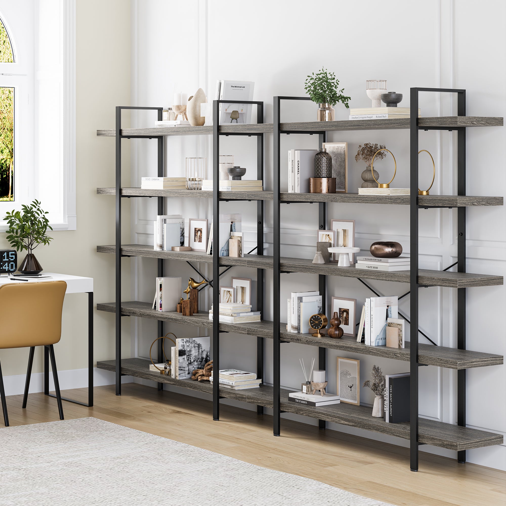 Heavy Duty 5-Tier Industrial Bookcase, 47" Wide Wood Bookshelf for Home Office, 120lbs Shelf Capacity, Rustic Shelving Display with Reinforced Horizontal Shelf for Living Room Bedroom,Grey