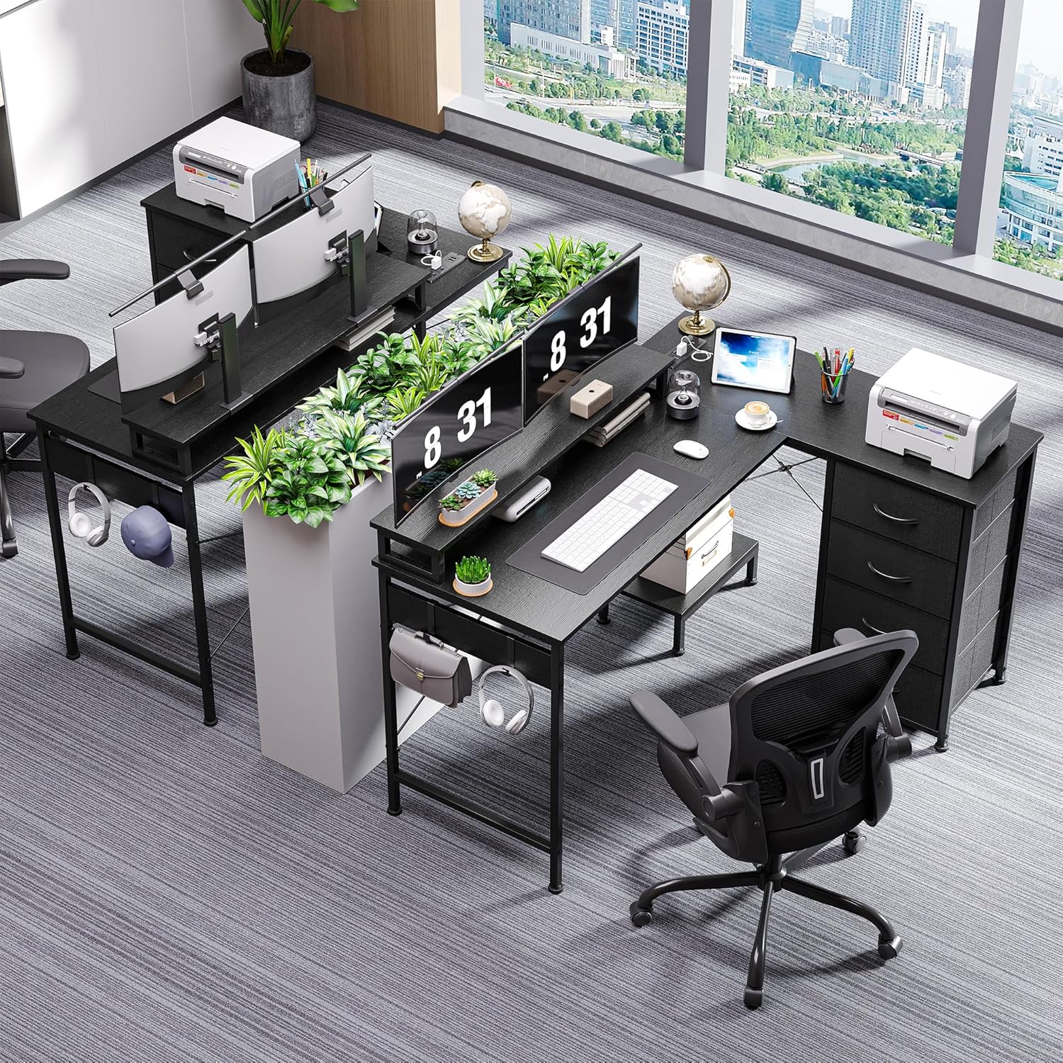L Shaped Gaming Desk with 4 Drawers, 51" Reversible Computer Desk with Monitor Stand, Home Office Table with USB Port&LED Lights, L Shape Corner Office Desk with Open Shelves&Hooks, Black