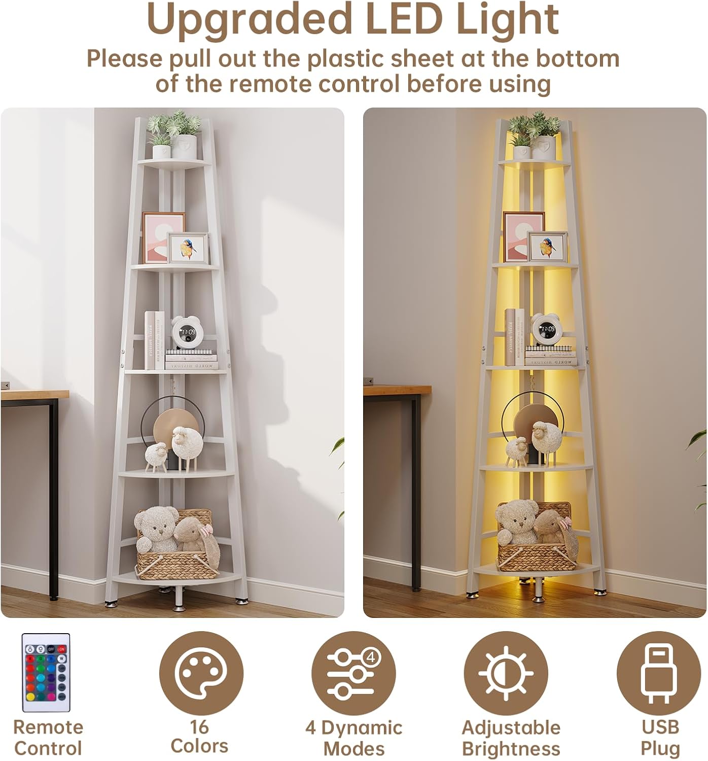 5-Tier Corner Shelf with LED Light, 70 Inch Display Shelf for Living Room, Bedroom, Bookshelf, Industrial Shelf, Plant Shelf (White, Ladder Corner Shelf)