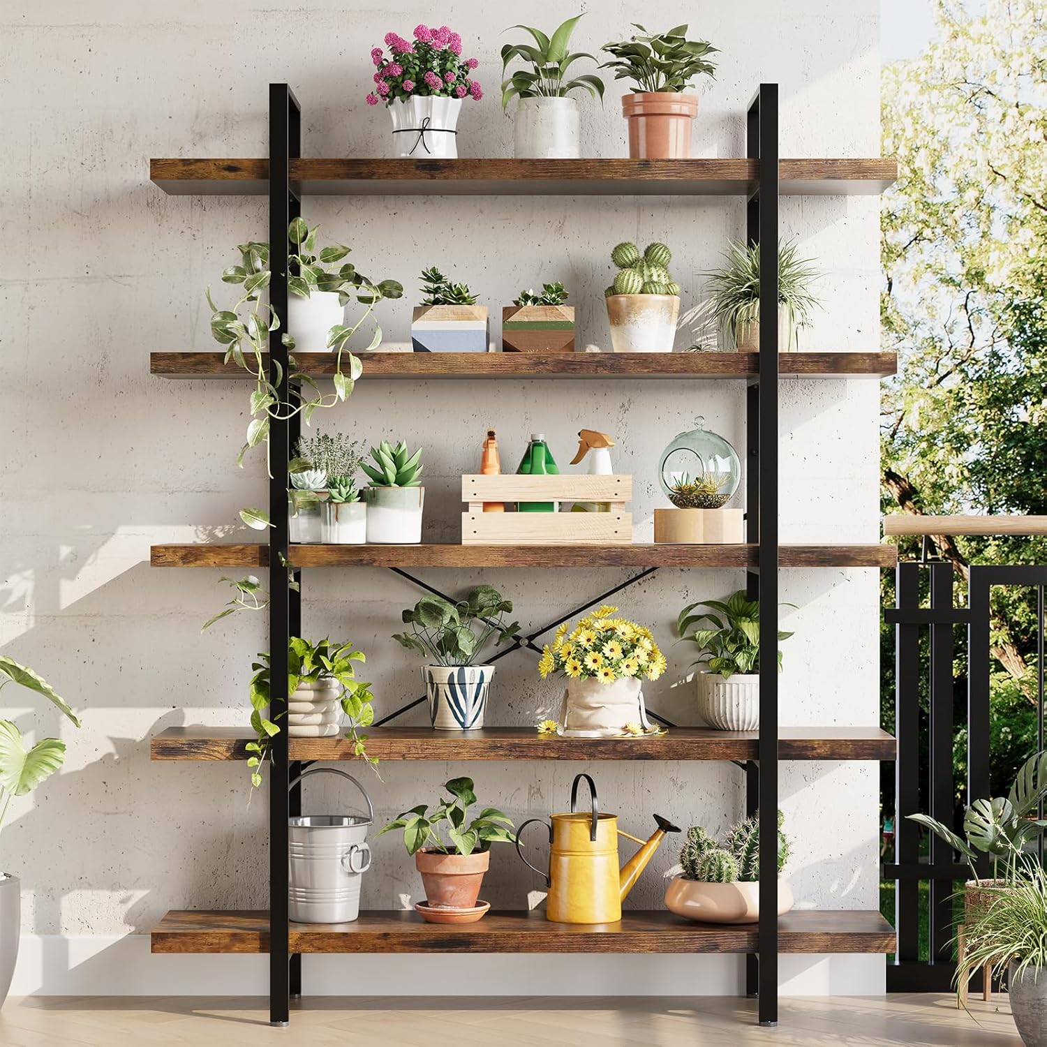 Heavy Duty 5-Tier Industrial Bookcase, 47" Wide Wood Bookshelf for Home Office, 120lbs Shelf Capacity, Rustic Open Shelving Display with Reinforced Horizontal Shelf for Living Room Bedroom