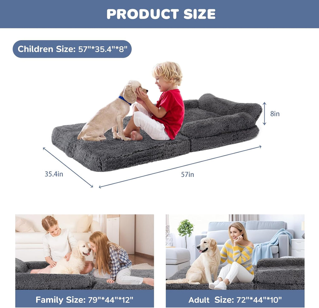 57" Foldable Human Dog Bed for Kids, Fluffy Faux Fur, Orthopedic Washable Dog Bed with Memory Foam and Water Repellent Liner Thick for Pet Installation Free (Grey)